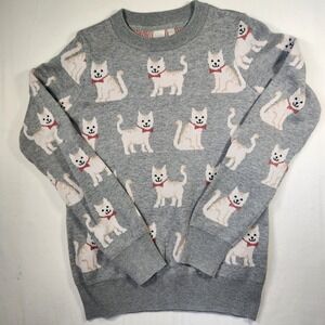 Twik Simons Gray Cat Print Bow Tie Intarsia Knit Crewneck Sweater Womens‎ XS